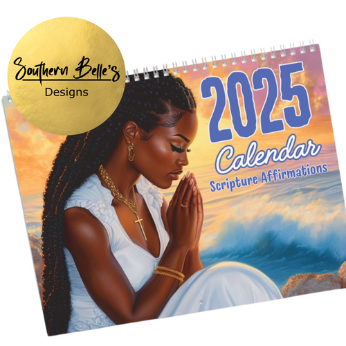 African American 2025 Scripture Affirmations Wall Calendar showcasing exclusive artwork and inspirational scripture for faith-based inspiration.